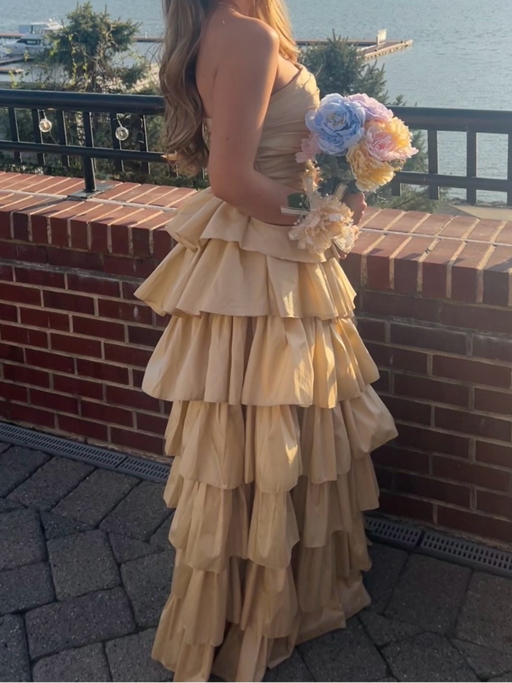 Strapless Tiered Ruffle Prom Gown in Champagne
